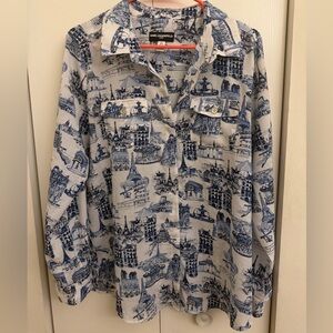 Karl Lagerfeld Blue and White Architectural Print Button-Down Shirt